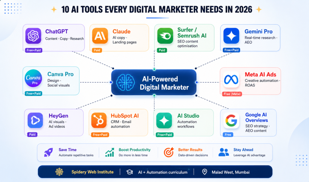 10 AI tools a digital marketer need in 2026 - Spidery Web Institute